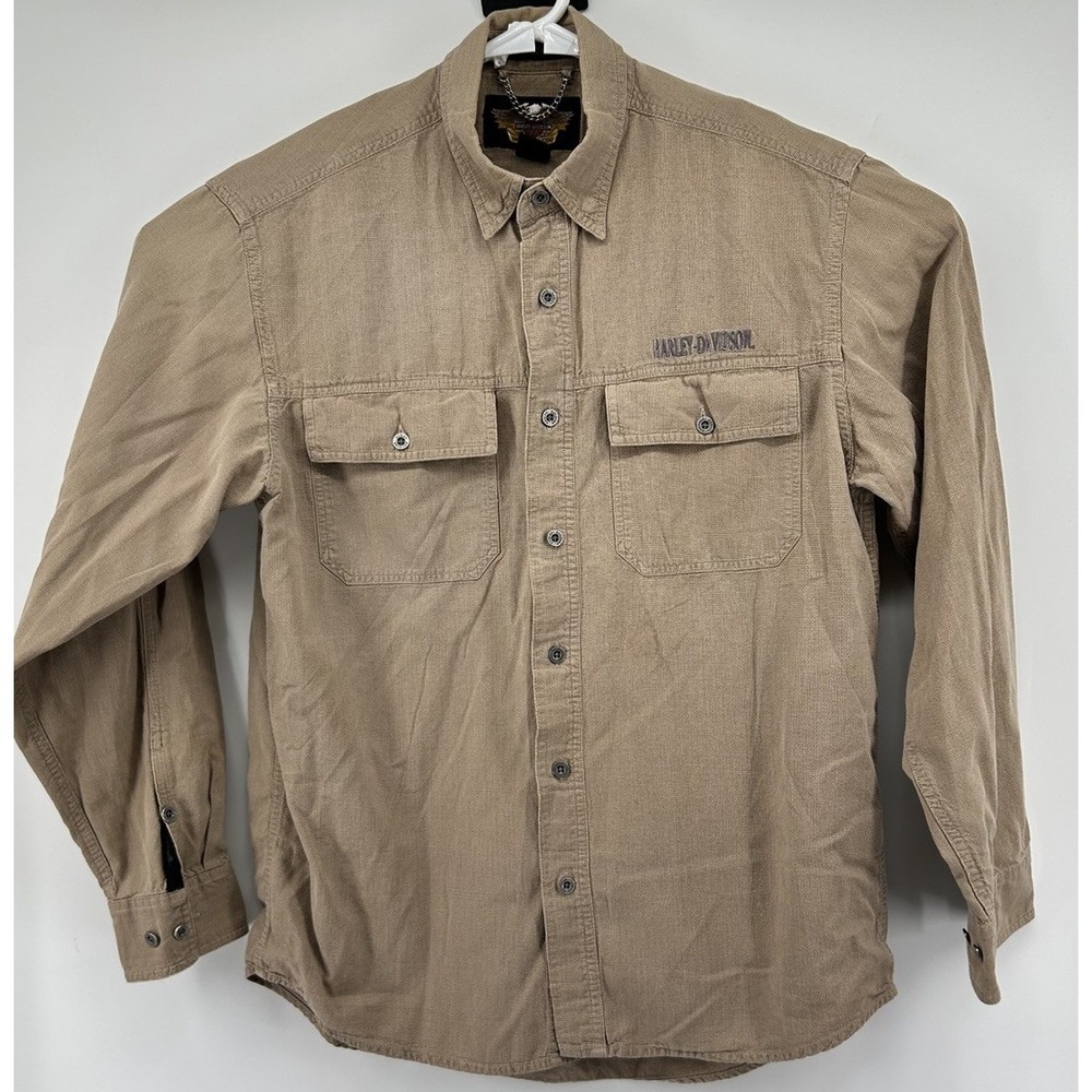 Harley Davidson Long Sleeve Button Down Dual Chest Flap Pockets Tan Medium